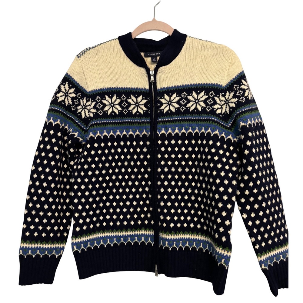 Lands End Womens Navy Blue‎ Fair Isle Wool Blend  Zip Cardigan Sweater M 10-12